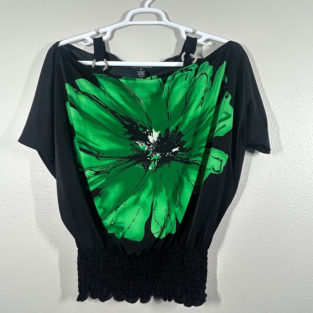 Isabella Rodriguez Womens XL Black Green Floral Cold Shoulder Smocked Blouse